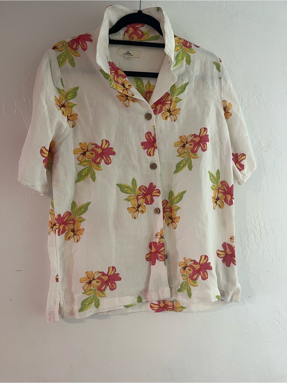 Rip Curl White Button-Down Shirt with Pink and Yellow Floral Print